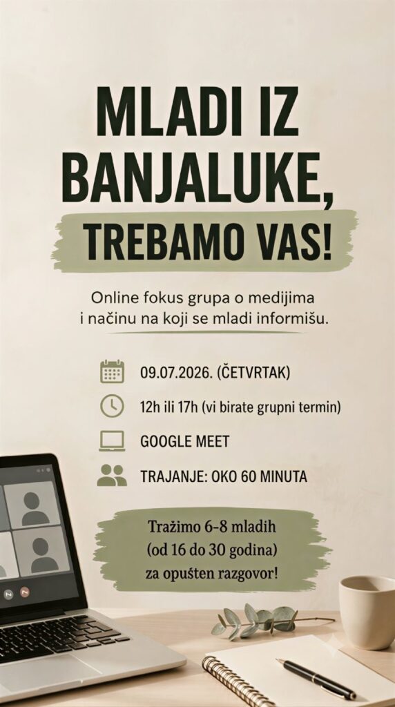 Poziv mladima iz Banje Luke za učešće u istraživanju o medijskim navikama mladih
