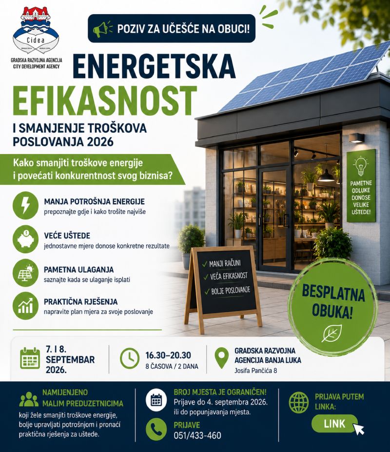 Gradska razvojna agencija: Poziv za učešće na obuci „Energetska efikasnost i smanjenje troškova poslovanja 2026“