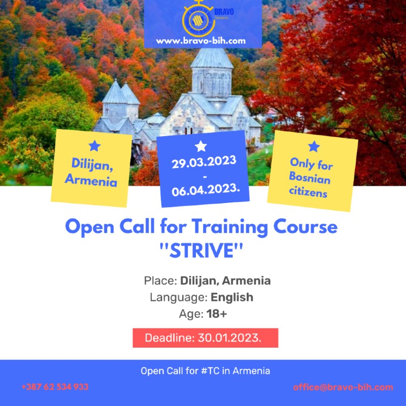 Open call for 2 participants for Training Course ”STRIVE” in Dilijan, Armenia