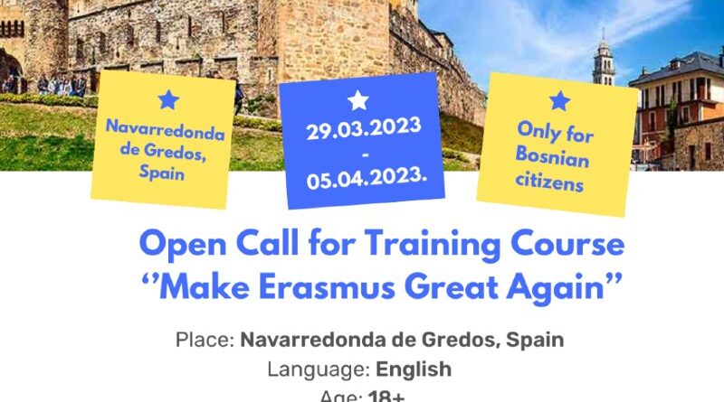 Open call for 2 participants for Training Course ‘’Make Erasmus Great Again’’ in Navarredonda de Gredos, Spain