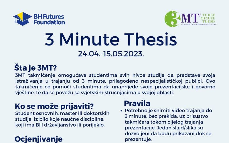 3 Minute Thesis 2023 takmičenje: Nagradni fond u iznosu od 20.000BAM