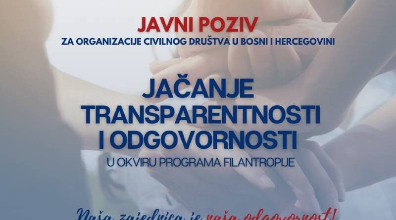 Javni poziv za organizacije civilnog društva (udruženja i fondacije) u Bosni i Hercegovini za jačanje transparentnosti i odgovornosti u okviru programa filantropije