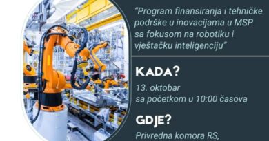 POZIV ZA UČEŠĆE NA RADIONICI: „Programi finansiranja i tehničke podrške inovacijama u MSP sa fokusom na robotiku i vještačku inteligenciju”