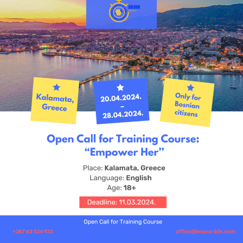 Open call for Training Course “Empower Her” in Kalamata, Greece