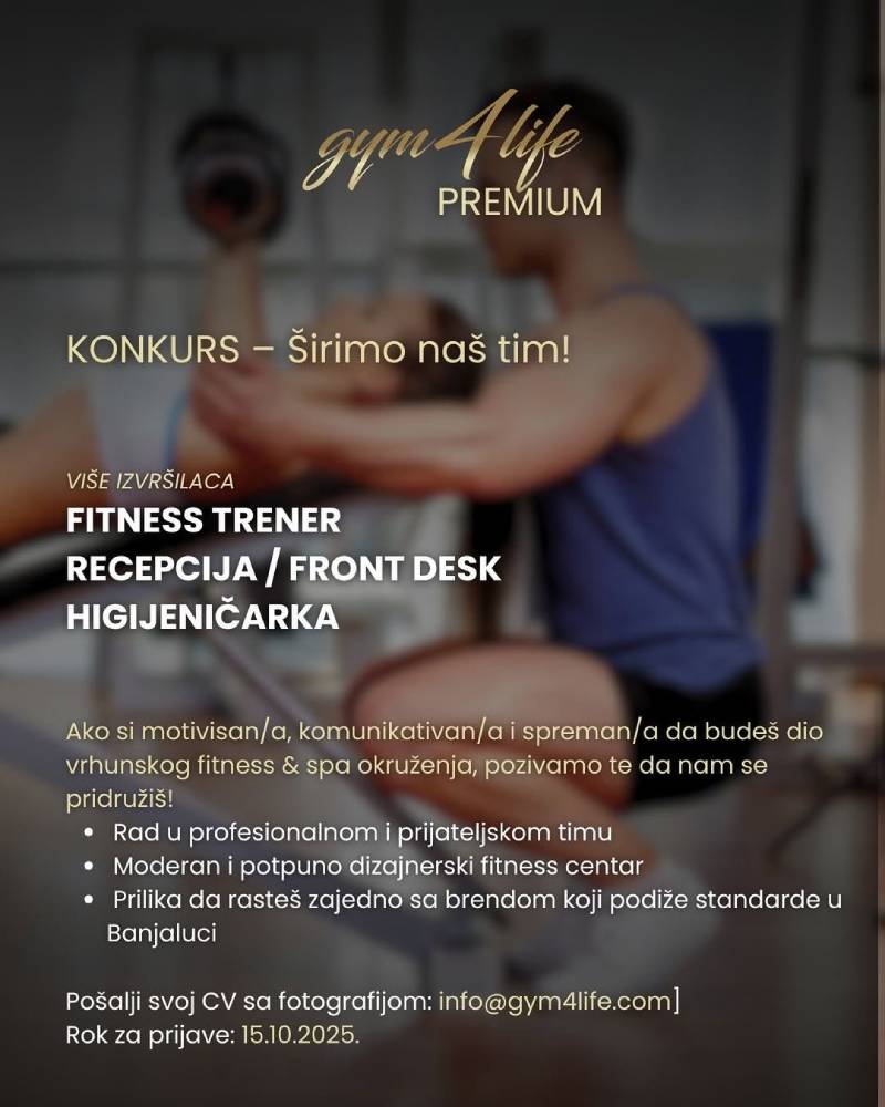 Fitness Centar 4Life zapošljava