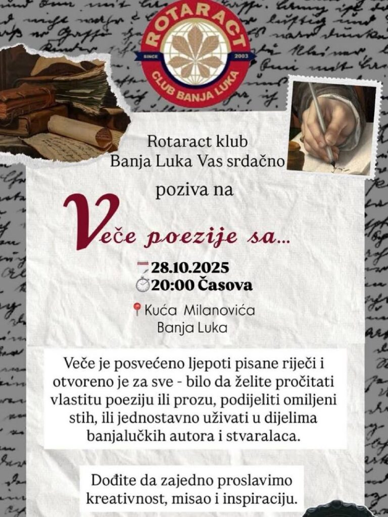 Rotaract klub Banja Luka poziva vas na Veče poezije