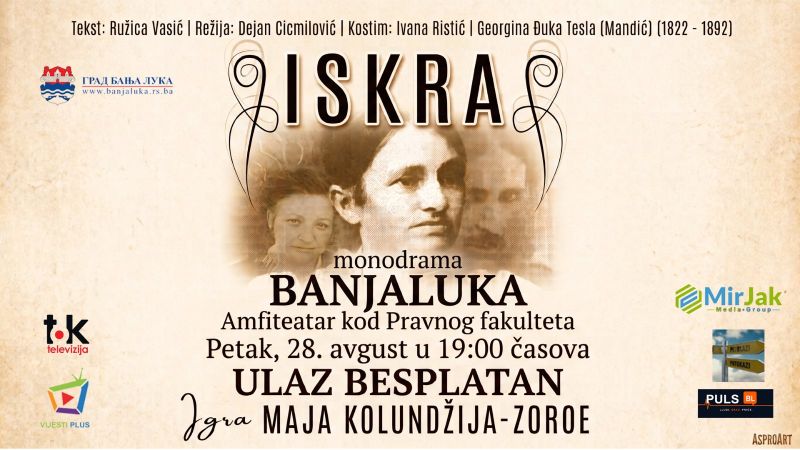 Monodrama „Iskra“ Maje Kolundžije Zoroe u amfiteatru kod Pravnog fakulteta u petak, 28. avgusta