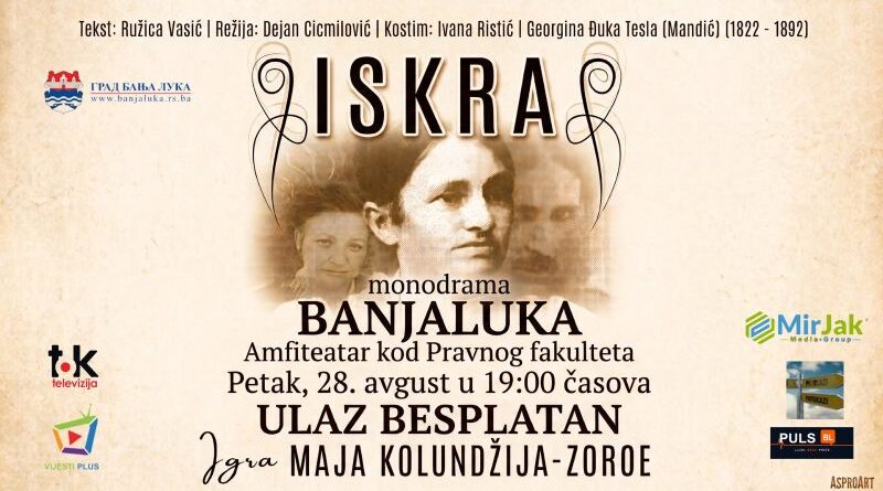 Monodrama „Iskra“ Maje Kolundžije Zoroe u amfiteatru kod Pravnog fakulteta u petak, 28. avgusta
