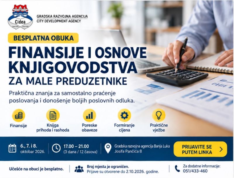 Gradska razvojna agencija Banja Luka poziva male preduzetnike da se prijave za besplatnu obuku „Finansije i osnove knjigovodstva za male preduzetnike“