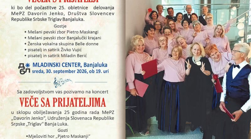 Veče s prijateljima – koncert povodom 25 godina rada Mješovitog pjevačkog zbora „Davorin Jenko“ u srijedu u Domu omladine